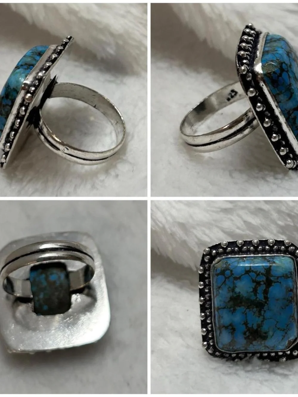 Turquoise Statement Ring with 925 Silver Beaded Halo